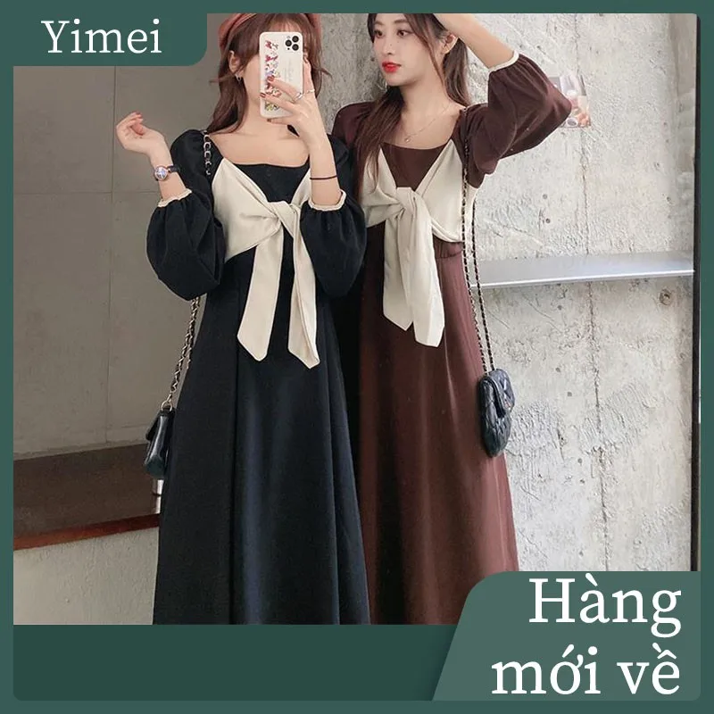 

Yihua Pretty, платье в Корейском стиле с квадратным вырезом, длинным рукавом и бантом, в Корейском стиле