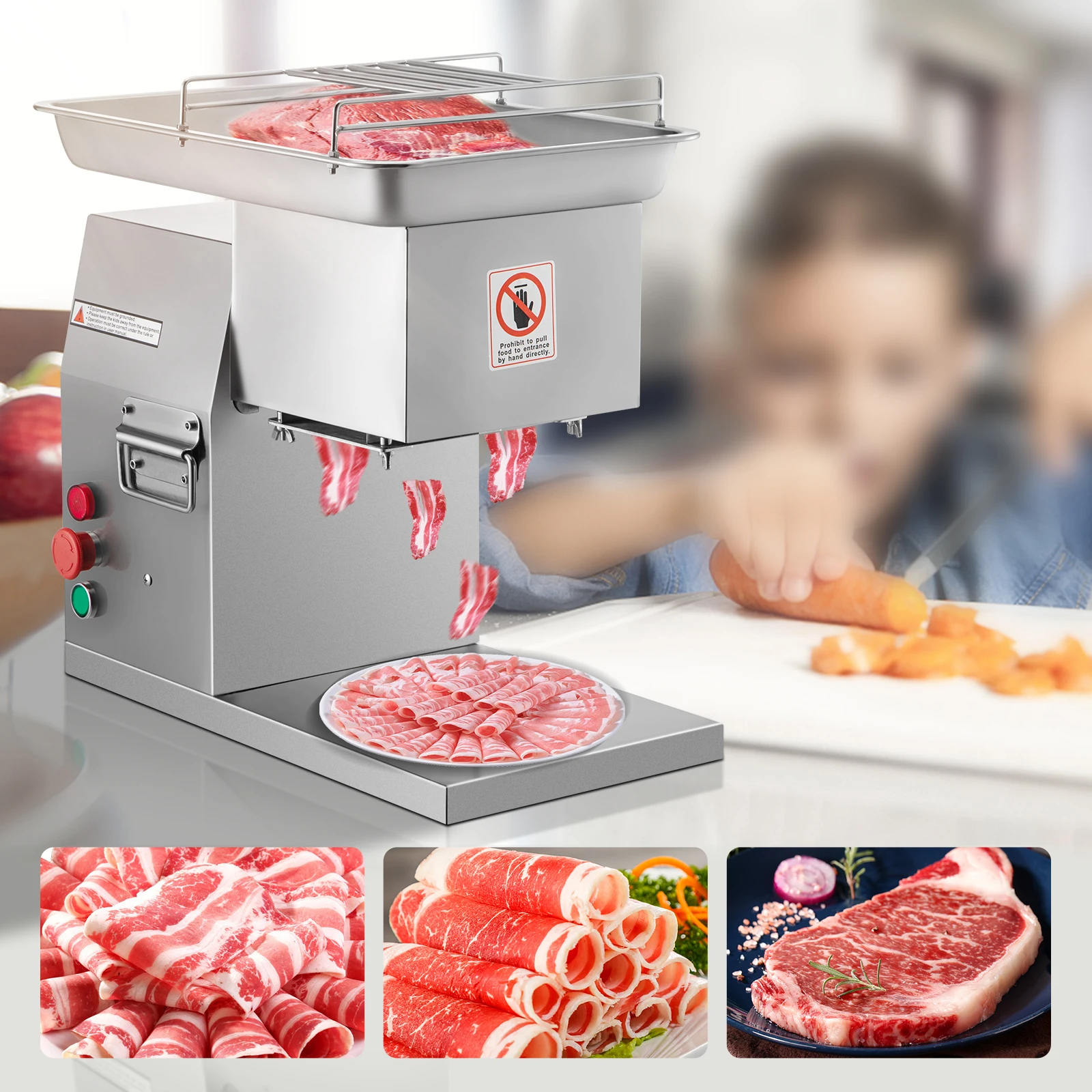 VEVOR 250Kg/H Electric Meat Slicer Stainless Steel 3mm Blades Meat Cutter Grinder Machine Auto Kitchen Home Appliance Commercial