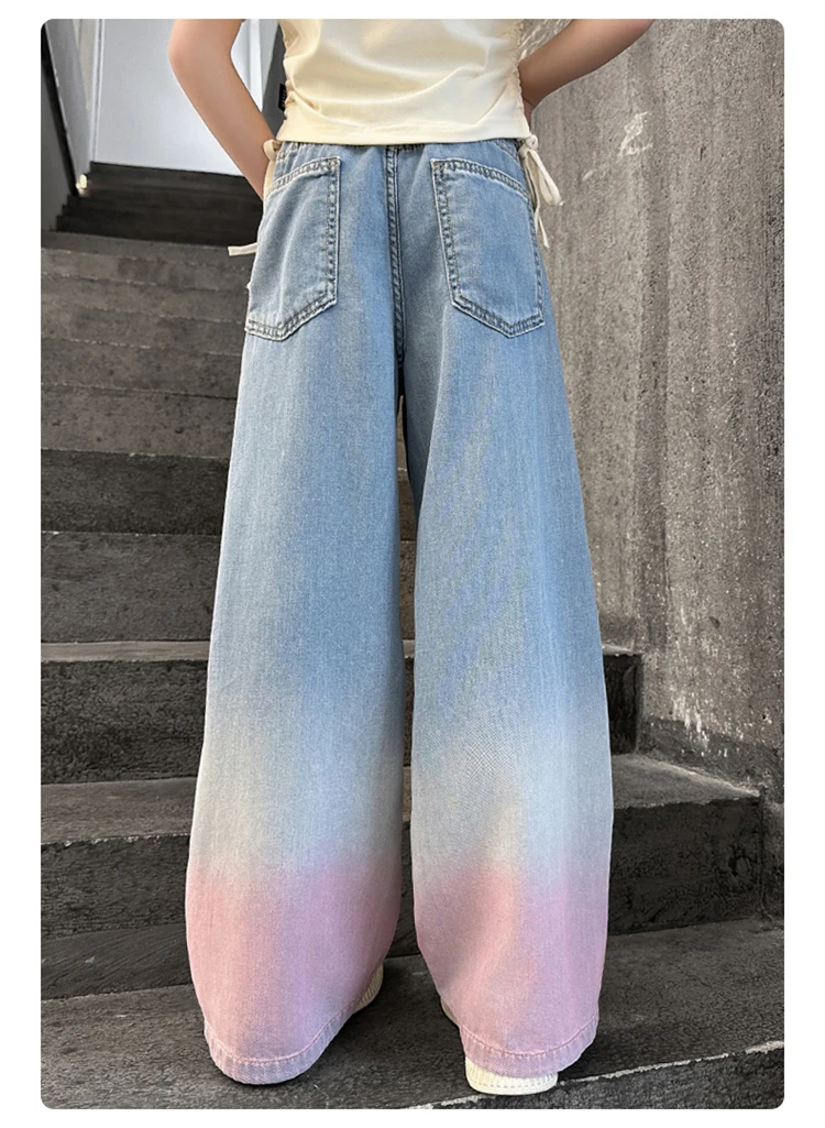 Teenager-Cowgirl-Jeans mit weitem Bein für Mädchen, Farbverlauf-Denimhose, Kinder-Oberbekleidung, lange Hose, Mädchenkleidung 5-14 Jahre – Detail 7