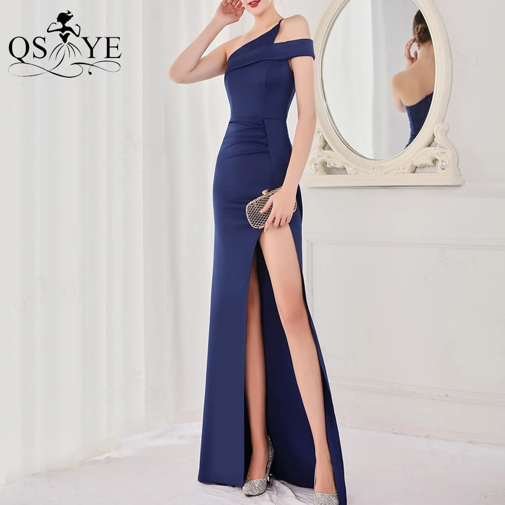 Vestidos de baile de um ombro para mulheres, vestido de cetim elástico dividido, azul escuro, elegante vestido sereia, dama de honra