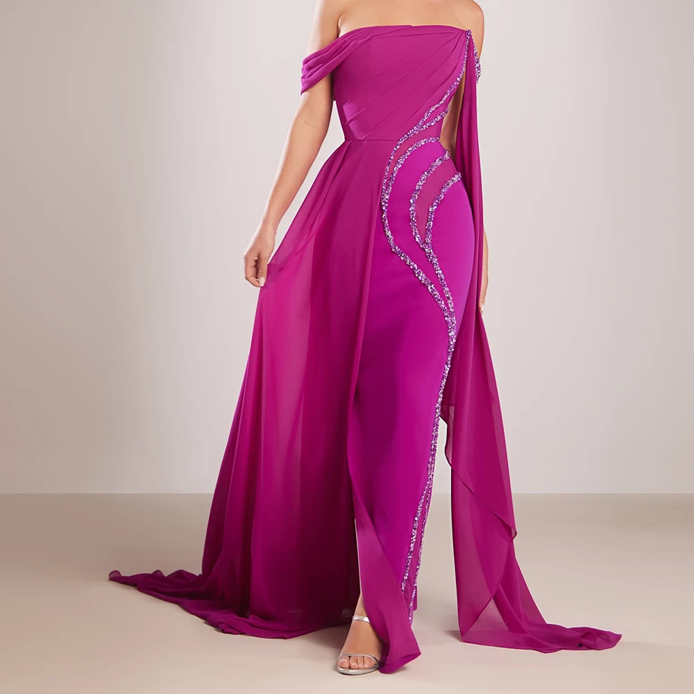 

Customized Straight Evening Dresses Floor-length Off The Shoulder Sleeveless Prom Gown Fashion Sequined Simple Draped Party Gown