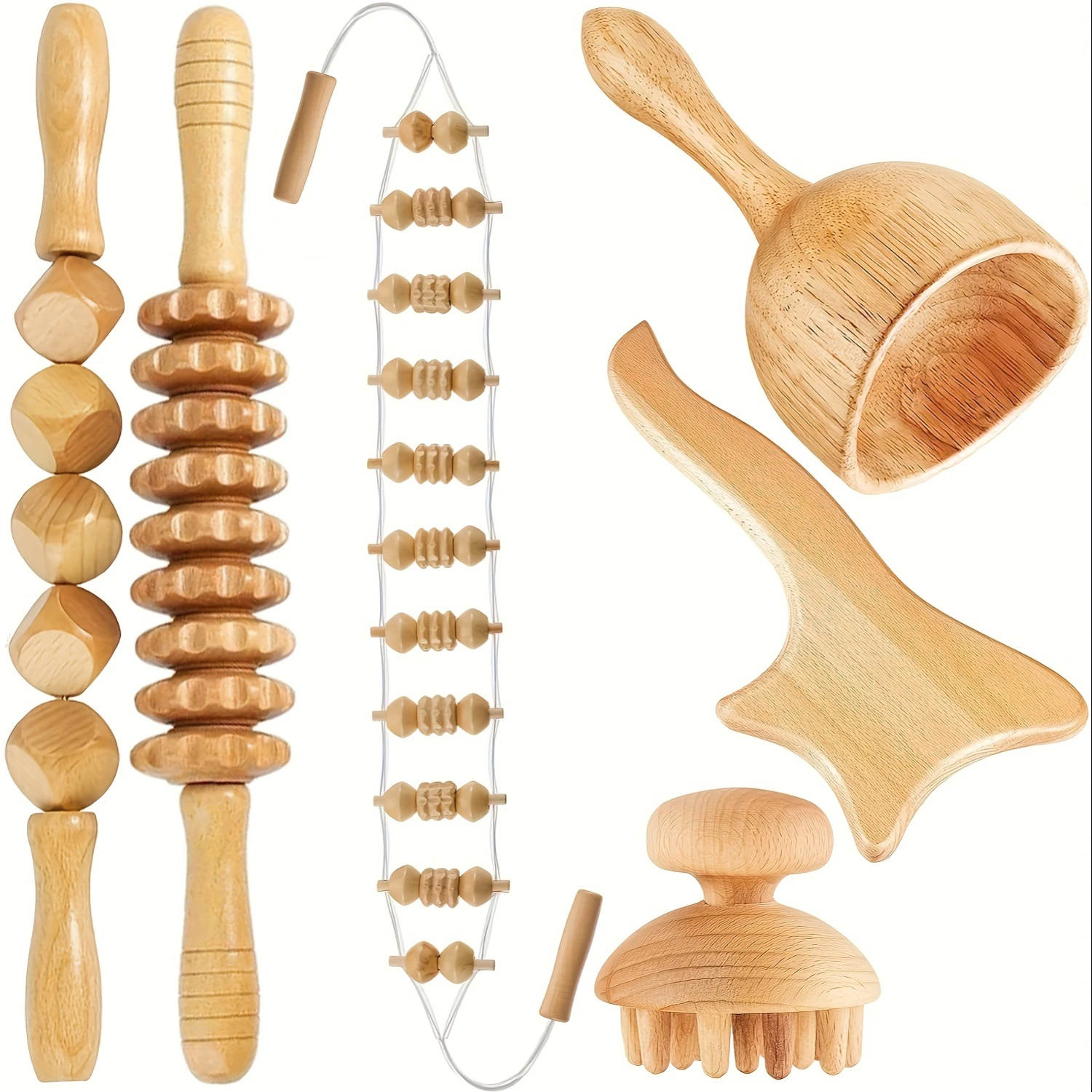 6pcs Wood Therapy Kit Massage Tools Maderoterapia Kit Wood Massager Roller Wood Gua Sha Roller Manual Wooden Fascia Massage For