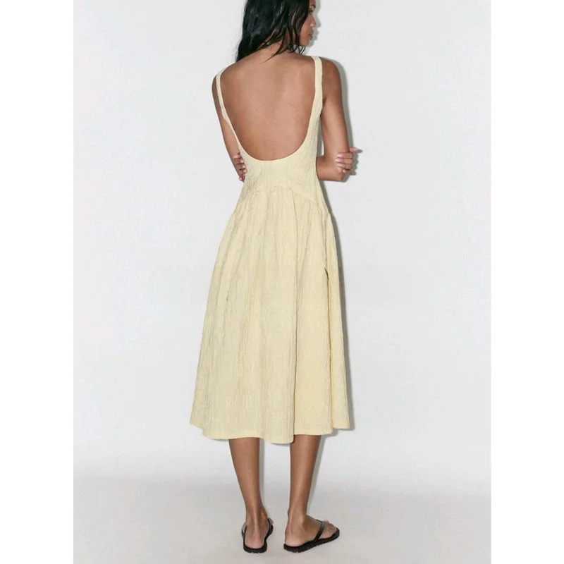 Nuevo vestido Midi sin mangas de verano para mujer, vestido con cuello cuad, estilo informal, fibra de poliéster en forma...