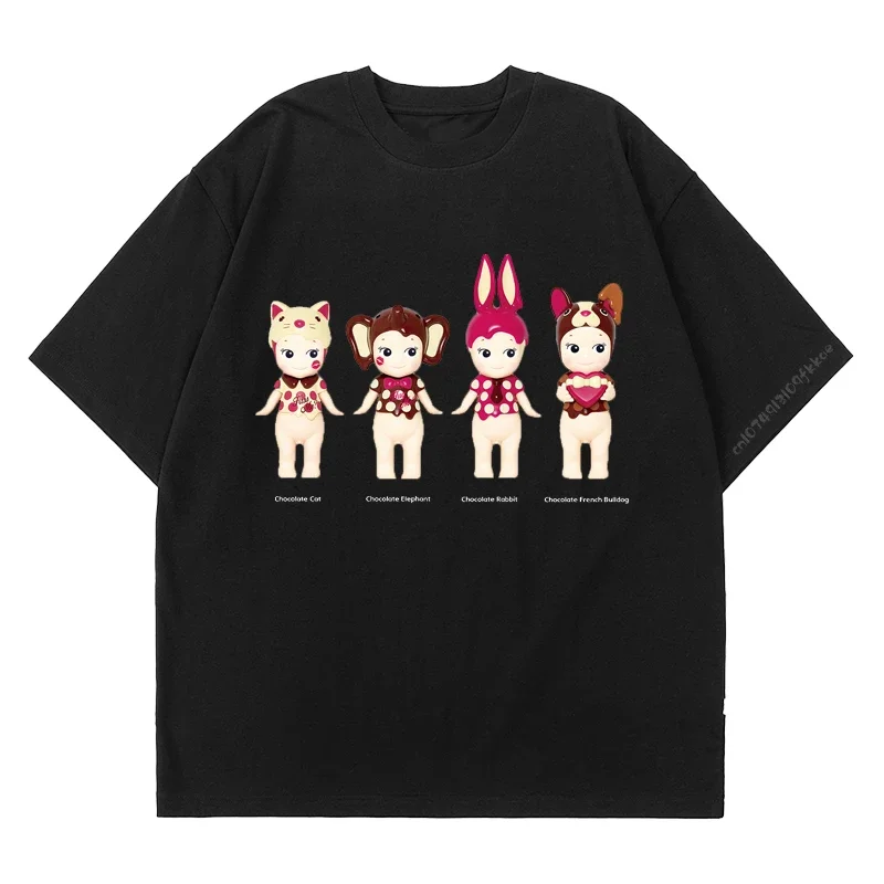 Unisex Men Children Clothes Comfy Soft Black Valentine Doll Graphic Tops Cute Pink Print Tees Sonny Angel Cotton T-shirt