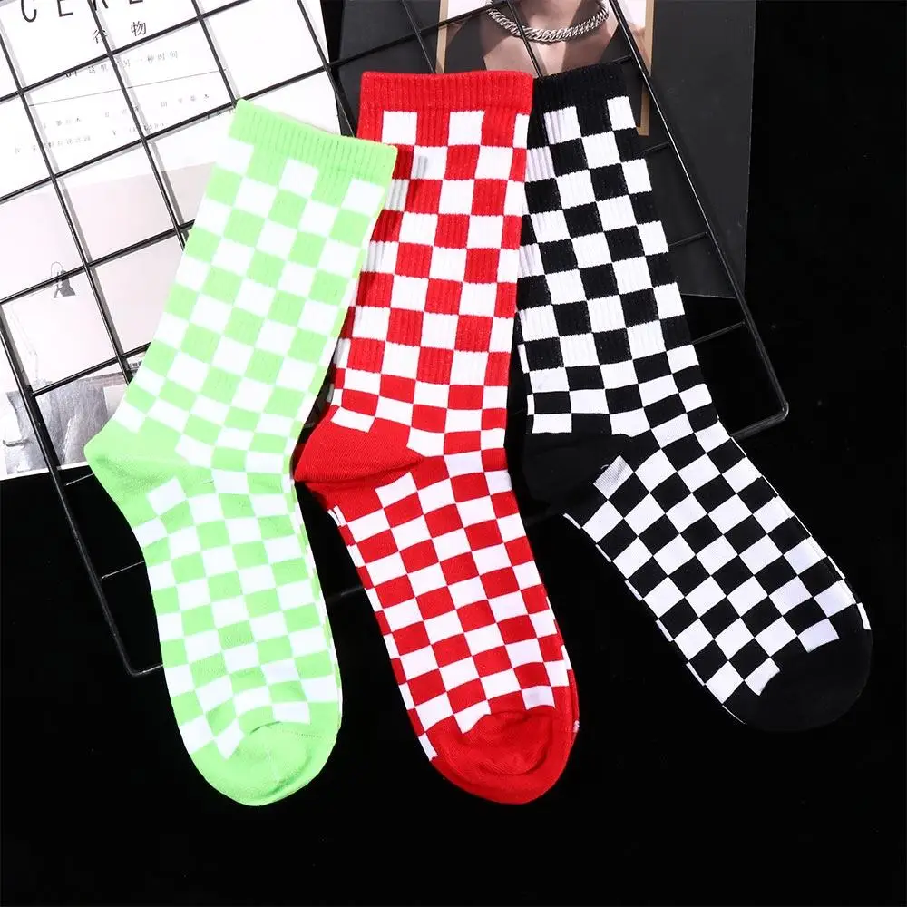 Korea Harajuku Fashion Check Socks Street Fashion Sports Print Skateboard Socks Hip Hop Geometric Checkerboard Hip Hop Socks