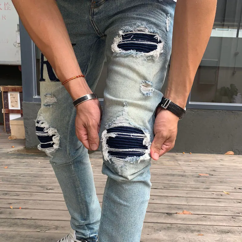 High Street Fashion Men's High Quality Jeans Vintage Wash Blue Elastic Tight Spliced Split Jeans Black Patch Designer Hip Hop Br