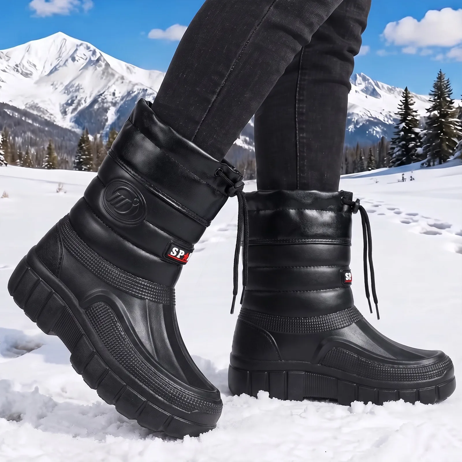 Winter Herren Baumwollschuhe mit Samt und warmem Leder, dicker Sohle, Kordelzug, hoher Schaft, schwarz, Outdoor, kältebeständig, Schneestiefel – Detail 6