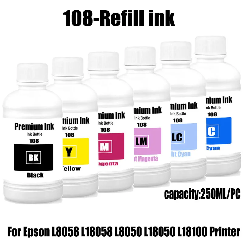 

Чернила для заправки 108 Refill Dye Ink 250 мл для Epson 056 057 107 108 574, чернила для заправки принтеров Epson L8050 L8058 L18050 L18058 ET-18100