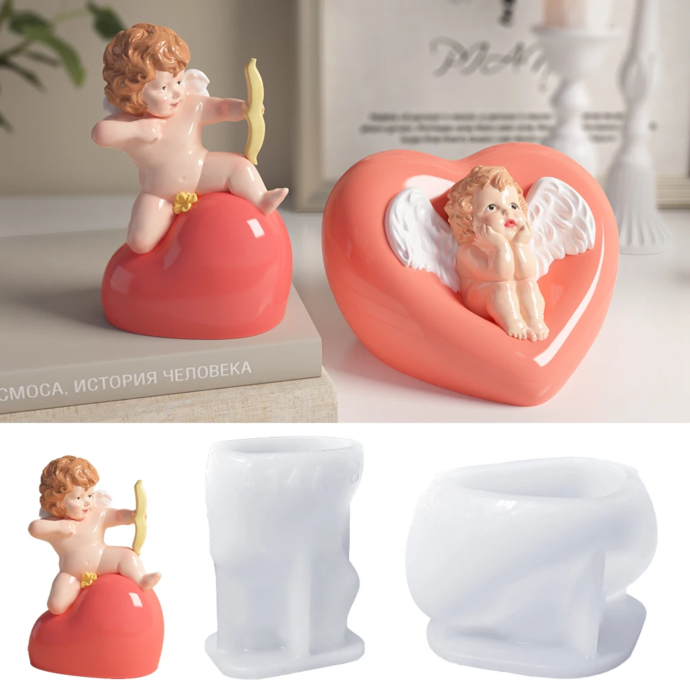 LZ080 3D Heart Archery Angel Candle Silicone Mold DIY Wings Cupid Desktop Gypsum Ornament Resin Molds For Valentine's Day Gift