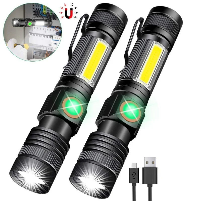 

Flashlight Super Bright LED Torch USB Rechargeable Magnetic Zoomable With Cob Side light LED use 18650 battery