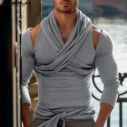 INCERUN Stylish Sexy Men's Tops Halter Neck Off Shoulder Solid Long Sleeve Strap Cross Lace Up T Shirts Casual Loose Tops S-5XL