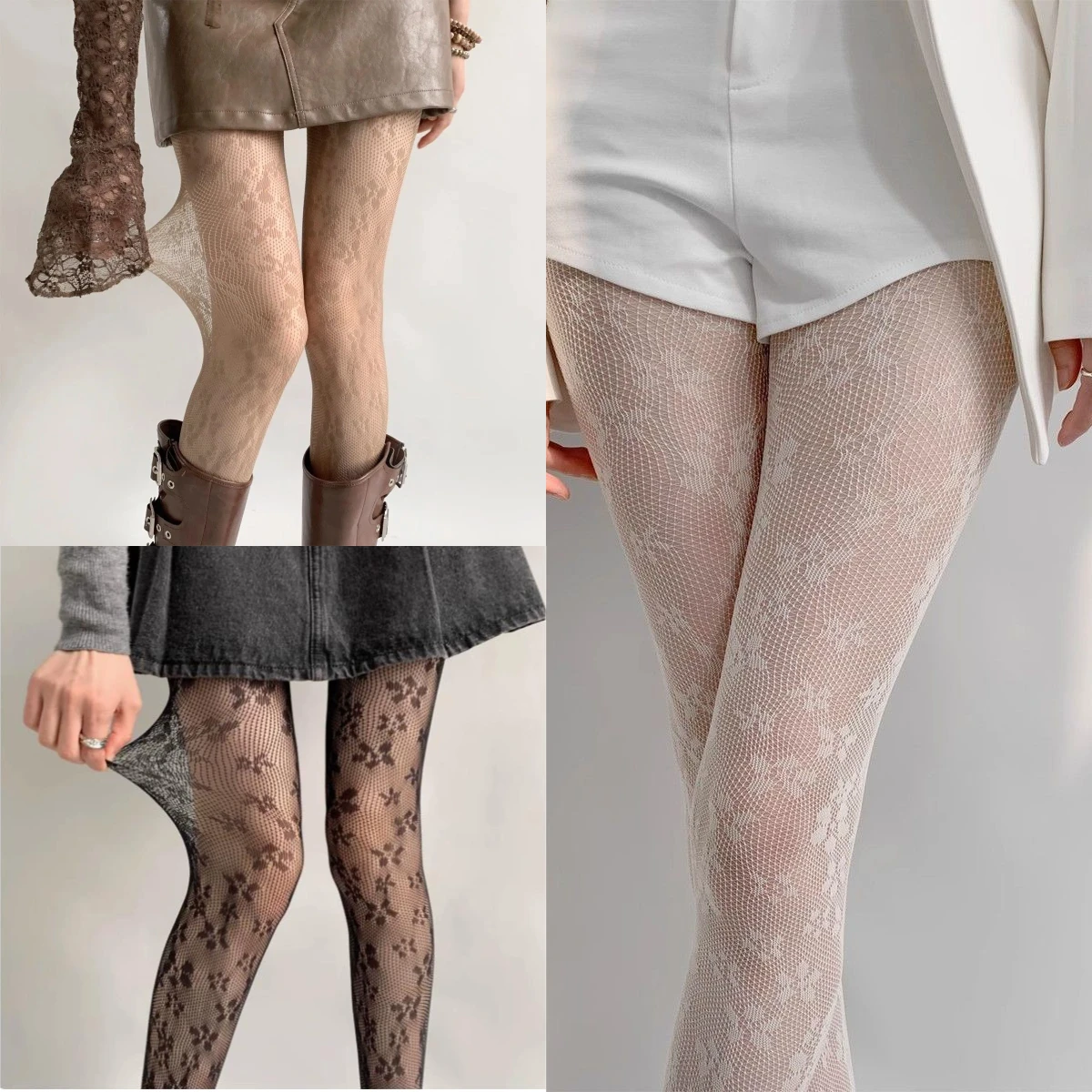Sexy Hollowed Lace Mesh Stockings with Bottom Pantyhose Lolita Retro Floral Vine White Stockings for Women Tights 1//2/3 Pair