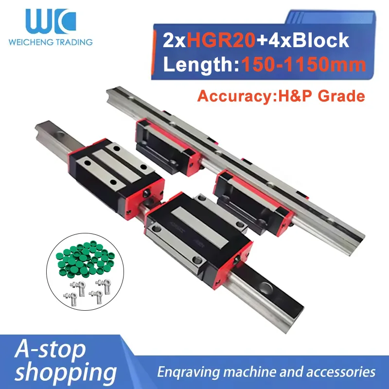 2PC Linear Rail Guide HGR20 HGH20 Any Length+4PC HGH20CA Linear Narrow/Flange Carriges Sliding Block HGW20CC Cnc Parts