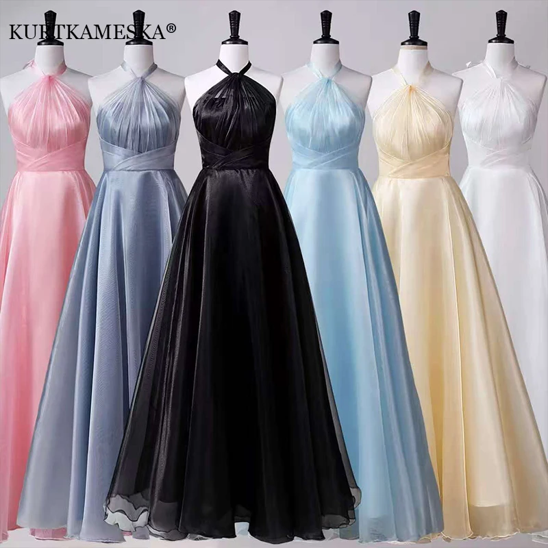 Vestido de dama de honor multicolor con cuello halter, corte en A, largo hasta el suelo, vestido de noche formal para invitadas de boda, sin mangas, para fiesta o graduación