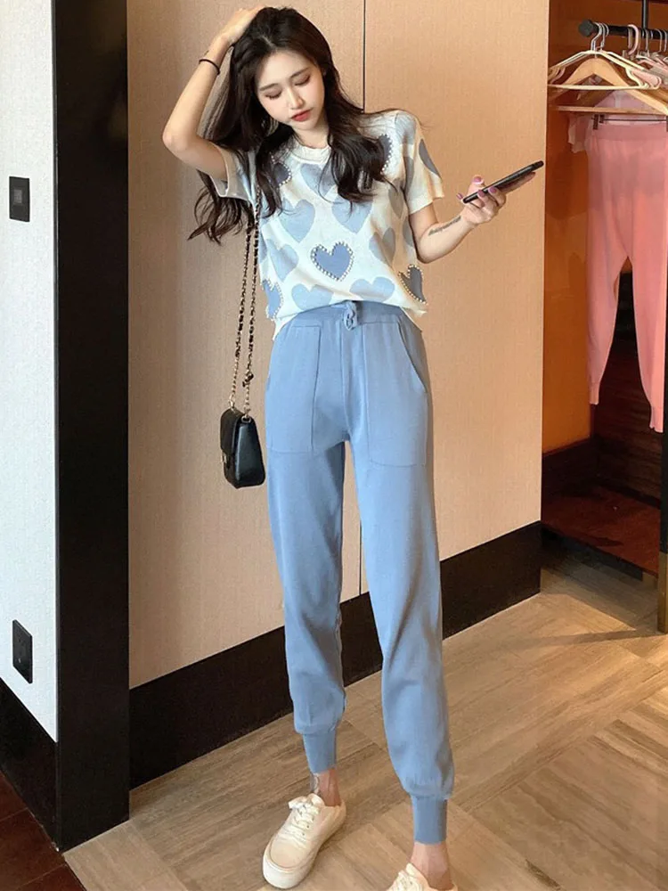 Korean Love Print Knit 2 Pieces Sets Women Beading Short Sleeve Knitwear Tee Tops Conjuntos High Waist Ankle Length Pants Suits