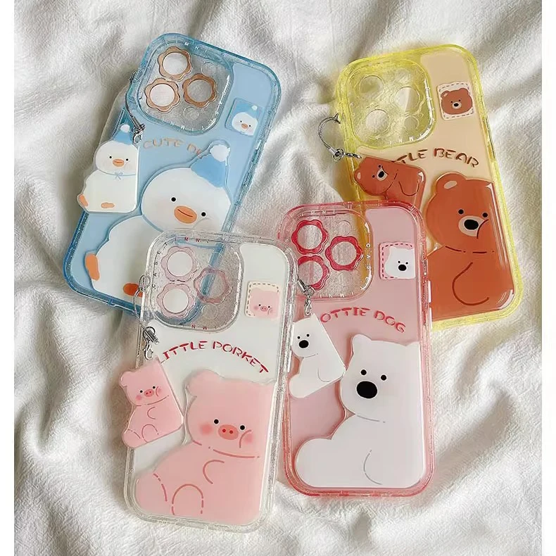 

Korean INS Cute Bear Cartoon Dog Funny Pig Phone Case for iPhone 13 14 15 Pro Max 16 Lovely Shockproof Soft Back Cover