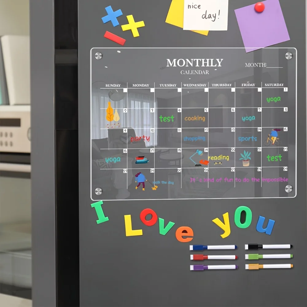 Kalender Akrilik Magnetik yang Dapat Dihapus-Kalender Transparan untuk Kulkas, Penyelenggara Dapur Ideal untuk Rumah & Kantor dengan Pena Spidol Termasuk