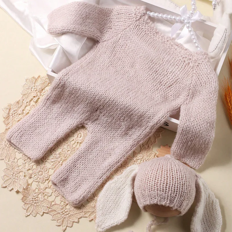 Newborn Photography Outfit Two Piece Newborn Knitted Mohair Big Ear Hat Jumpsuit Photography Set Newborn Photography Clothing