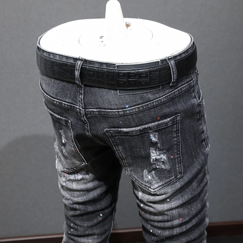 الشارع موضة الرجال الجينز الرجعية أسود رمادي مطاطا سليم ممزق جينز الرجال Vintage بنطلون مرقع رسمت مصمم الهيب هوب السراويل #6
