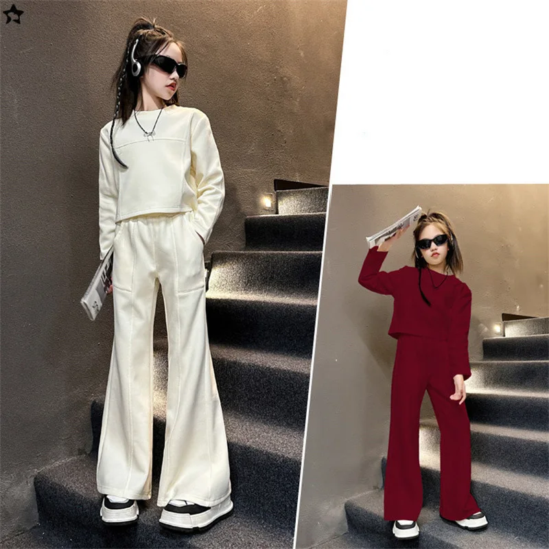 

School Girl 2pcs Suit Autumn Korean Solid 4-14Y Girls Tracksuit Long Sleeves Sweatshirt+Elastic Waist Bootcut Pant Kids Girl Set