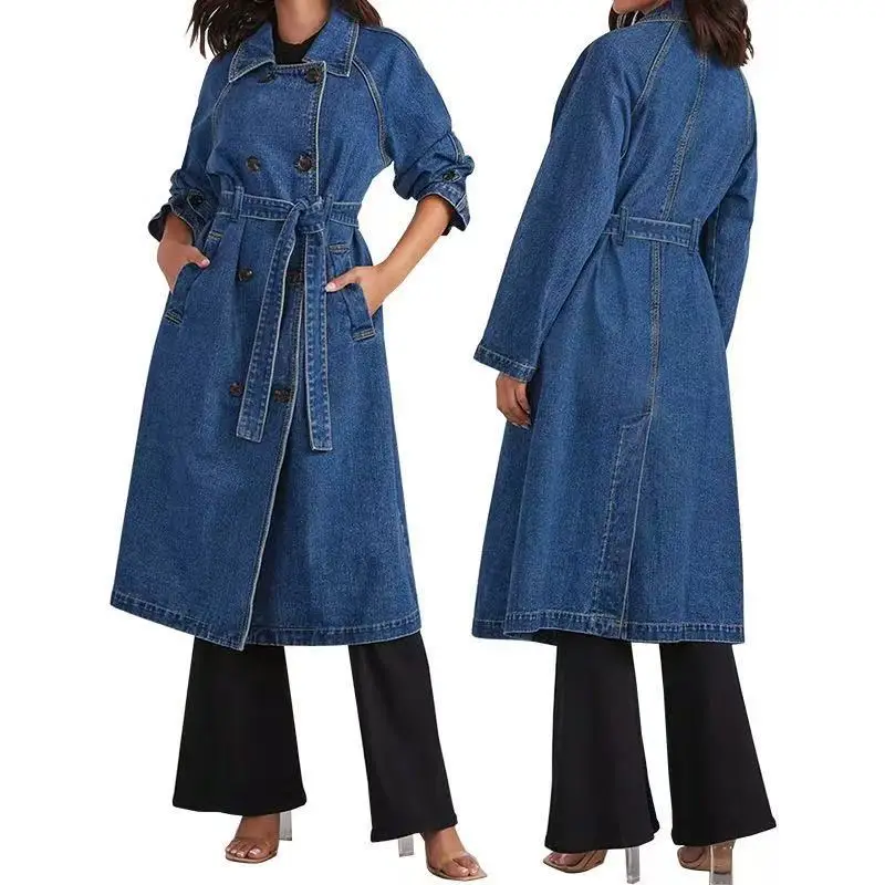 Women's Denim Trench Coat 2026 Solid Color Lapel Long Sleeve Lace up Long Jacket Autumn Outerwear