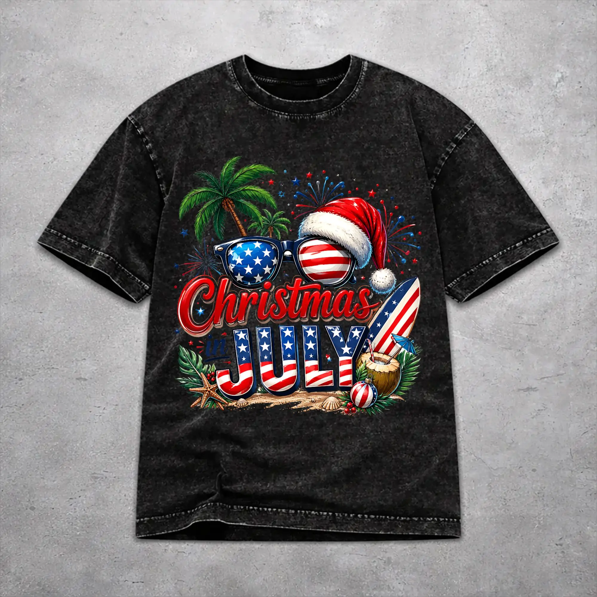 Vintage Men Women Christmas In July Vacation Tee Shirt Washed Style  T Shirts Tops