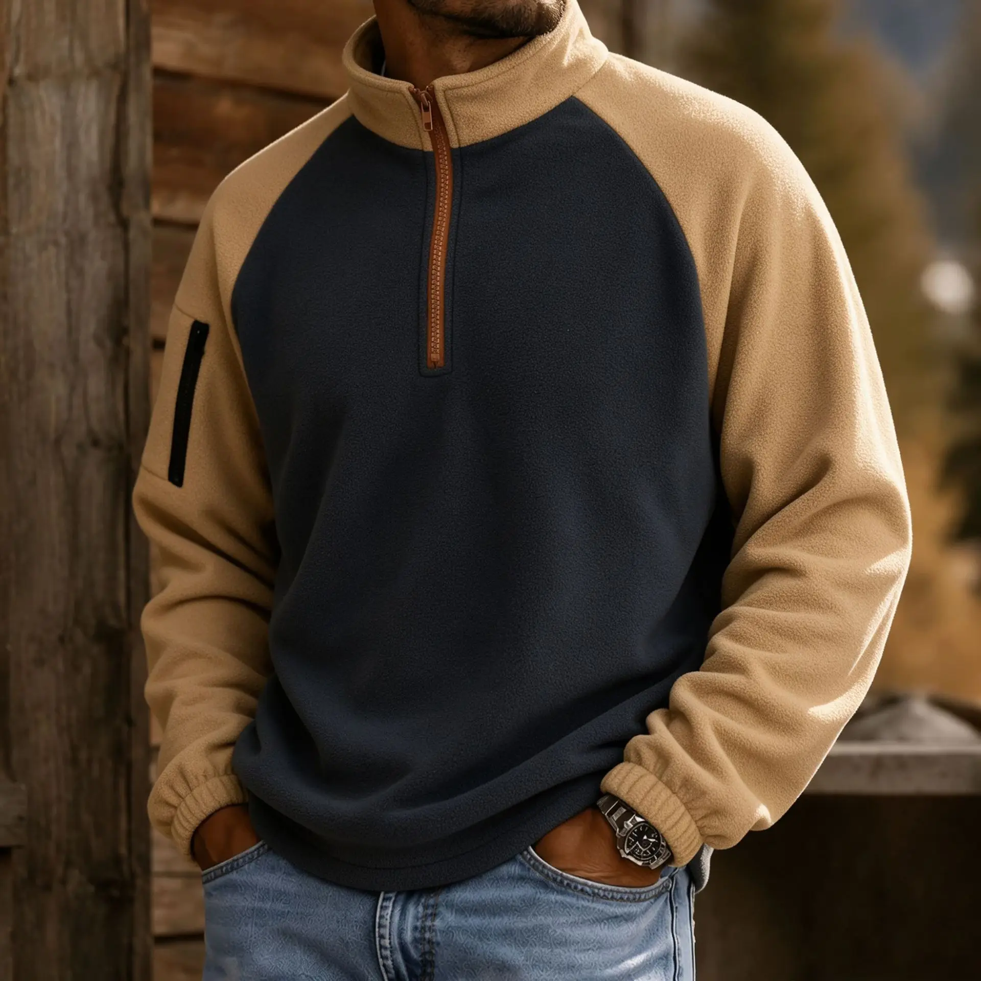 Men's Polar Fleece Half Zipper Stand up Jacket Autumn / Winter Fashion  Color Contrast Splicing Men's Casual pullover Sweatshirt
