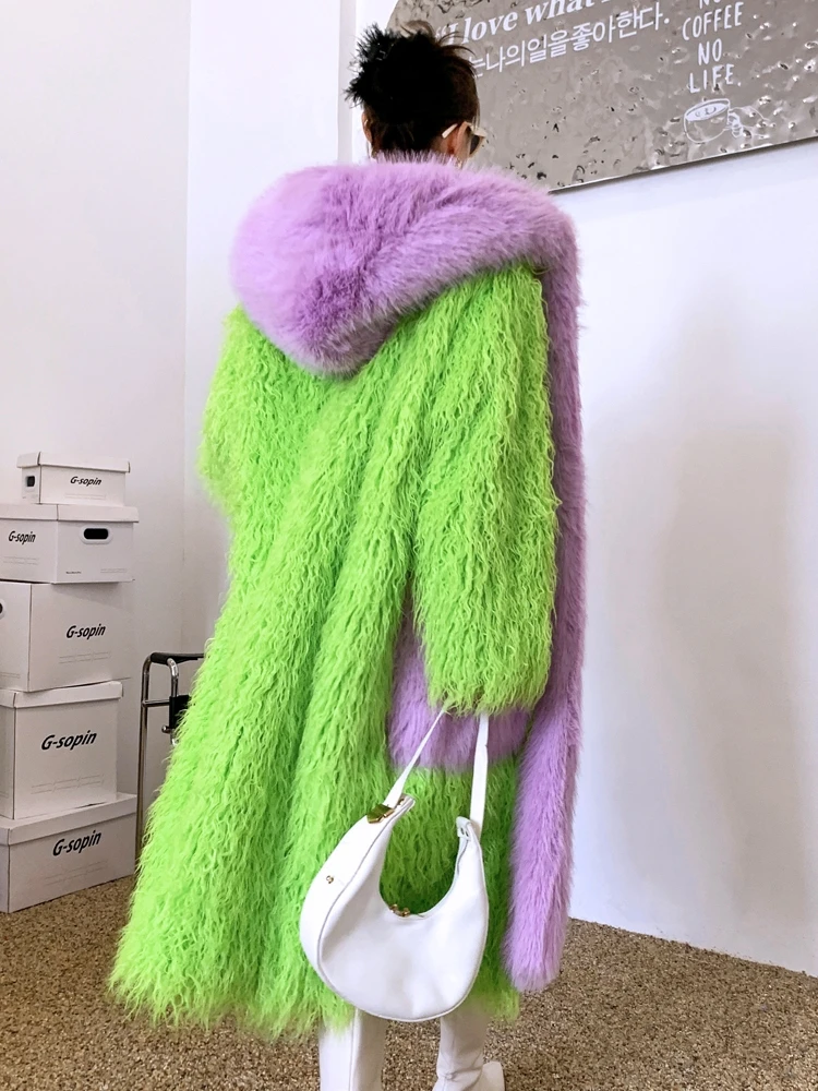 Lady Personalized Fluorescent Green Faux Fur Coat Hooded Long Jacket Female Streetwear Women\'s Winter Coats Performance Costume