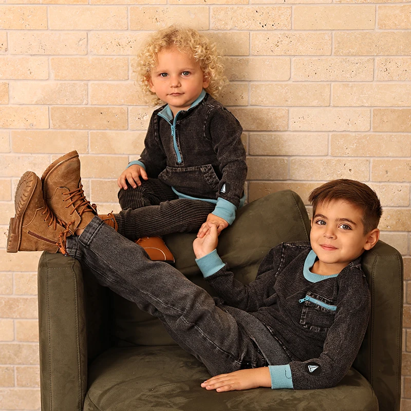 New Fall Collection Family Matching Children Clothes Boy Shirt Girls Dress 2Pcs Girls Outfit baby Set Garment Washing Black Gray