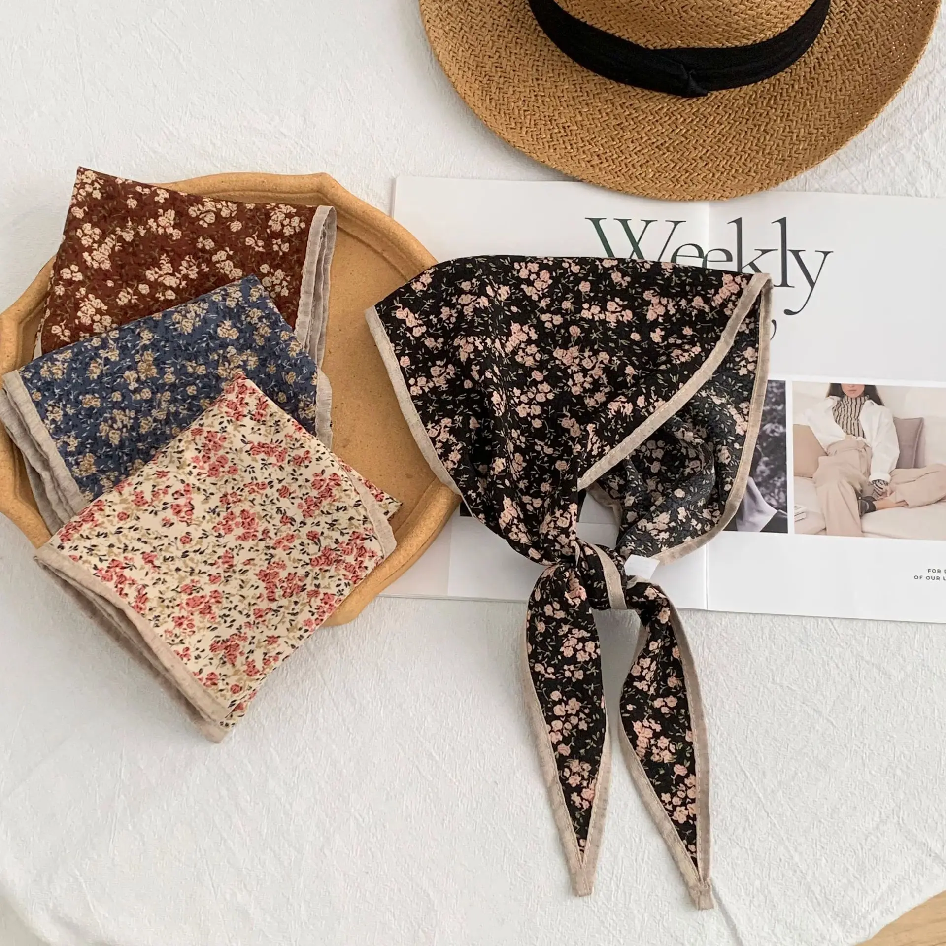 

Новый стиль, художественный ретро-платок с цветочным принтом, повязка на голову, декоративный шарф, ромбовидный шарф