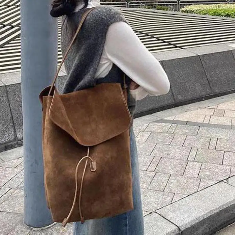 

Vintage Suede Frosted Suede Leather Bucket Shoulder Bag Portable Simple Fashion Trend Multi-functional Large Capacity Women Bag