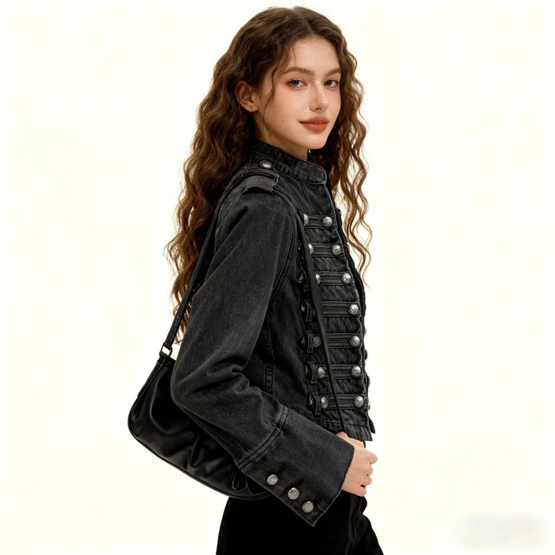 معاطف كلاسيكية من قماش الدنيم مناسبة للنساء لربيع وخريف سترة قصيرة مرقعة بأزرار وأكمام طويلة ملابس خروج هاراجوكو كلاسيكية