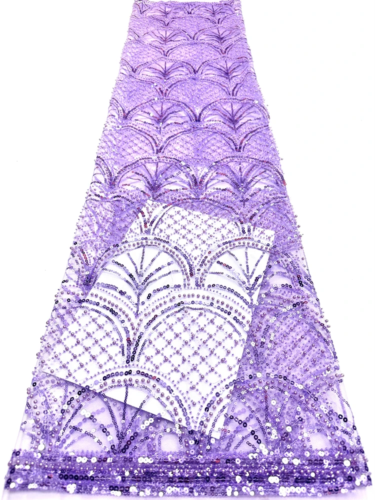 

Фиолетовая роскошная ткань с бисером и пайетками, 5 ярдов, высококачественная вышивка, модная французская тюлевая сетчатая кружевная ткань для свадебных платьев