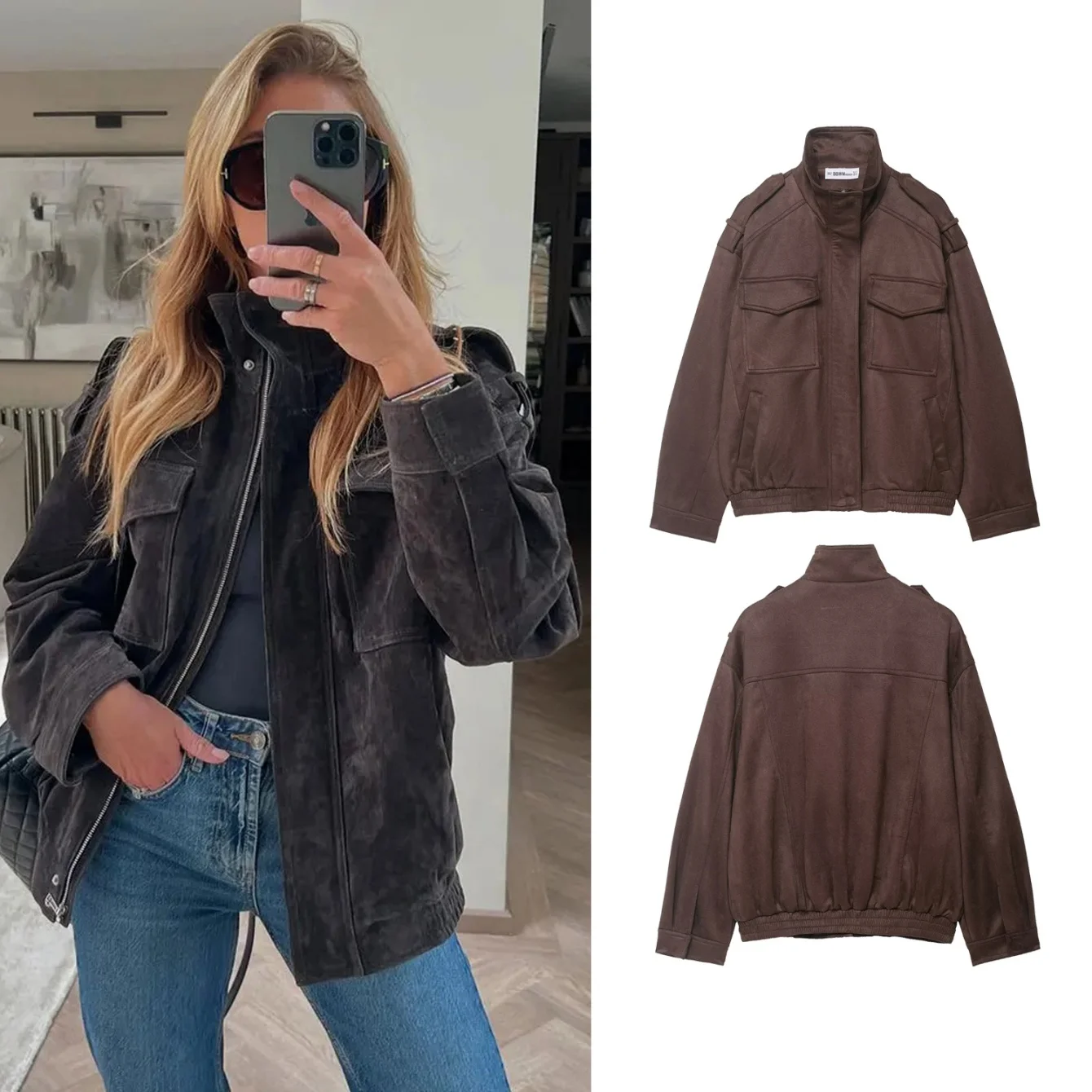 

Women Fashion Casual Zipper Bomber Jacket S Female Autumn Winter Long Sleeve Pocket Coats Lady Solid Loose Outwears Streetwear