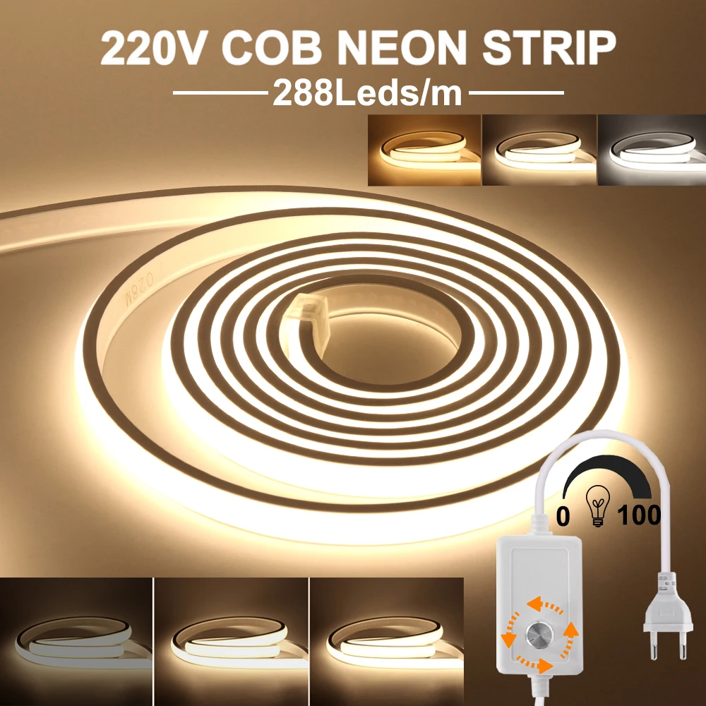 COB LED Neon Light Strip 288LEDs/m EU/UK Plug 220V RA90 Outdoor Garden Lamp With Dimmer LED Tape For Bedroom Kitchen Lighting