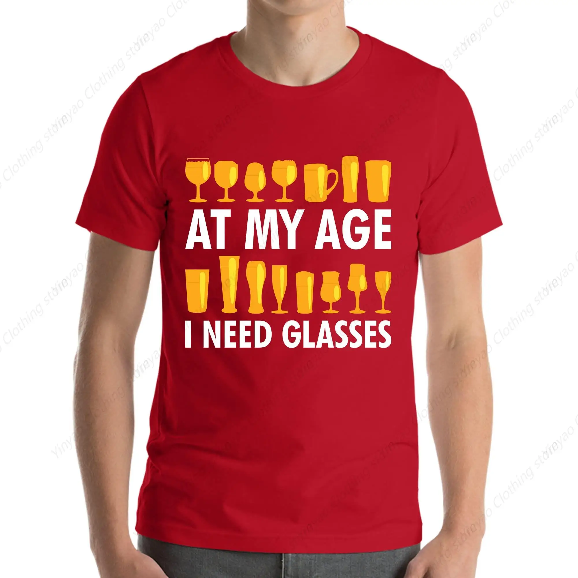 

Interesting Beer Printed Wine Drinking Shirt At My Age I Need Glasses T-Shirts Men'S And Women'S Pure Cotton Fun Tops