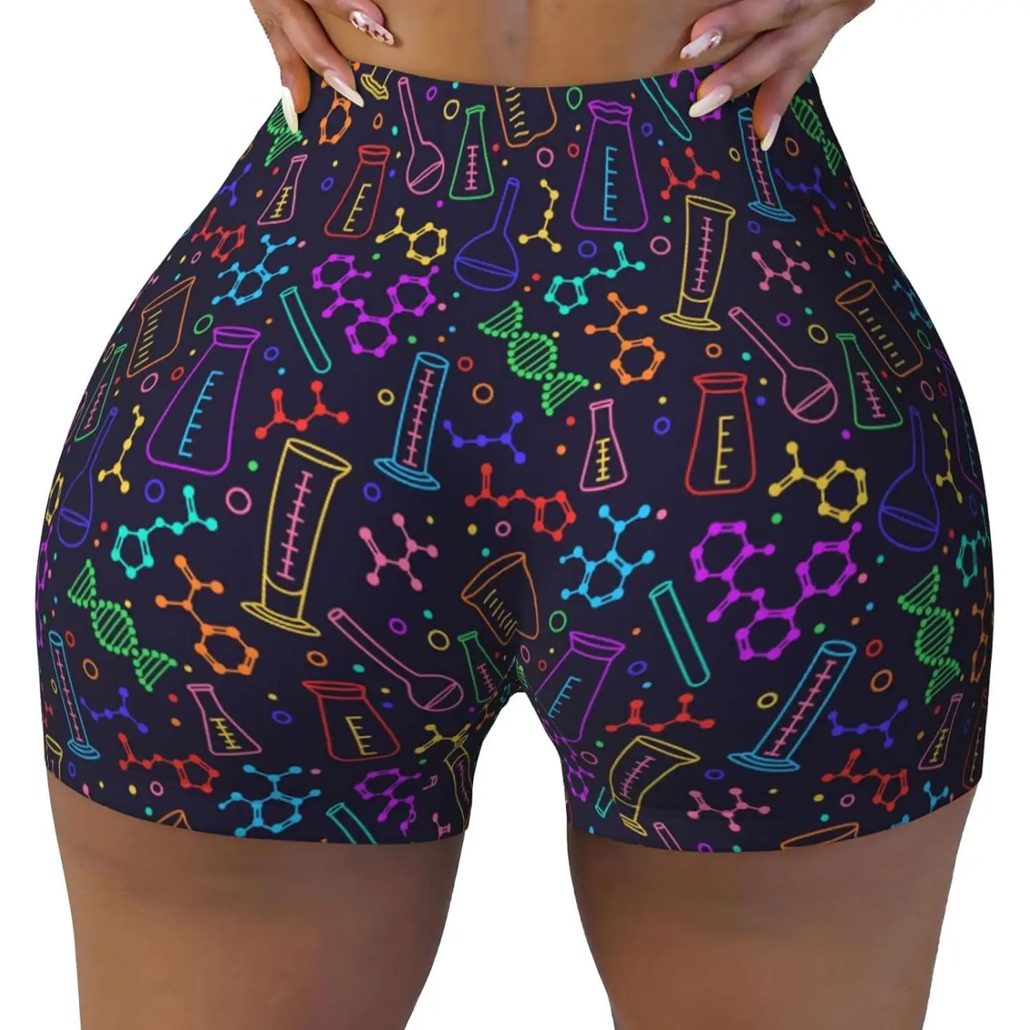 شورت مطبوع عليه علوم الكيمياء للنساء للتحكم في البطن، سروال قصير عالي للتمرين ورفع المؤخرة #1