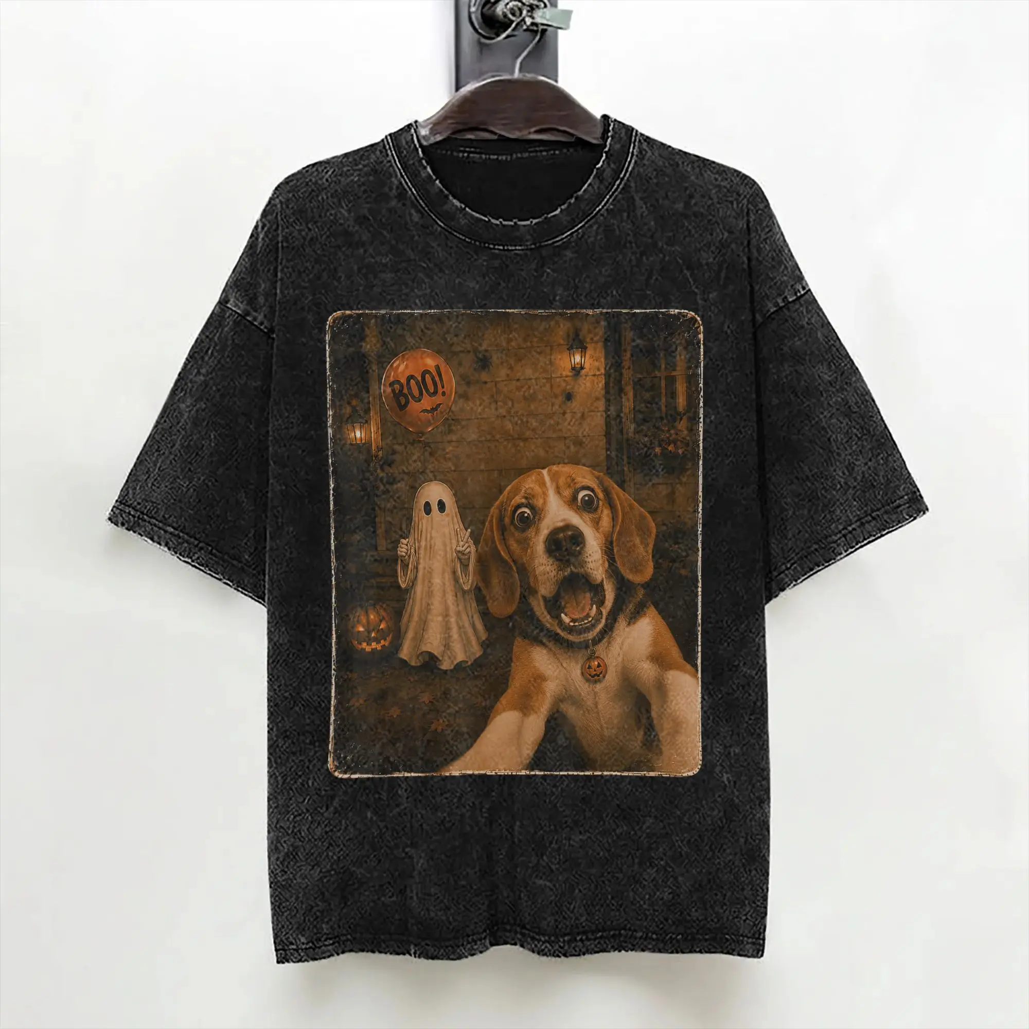 Beagle Dog Ghost Selfie Boo Balloon Halloween Costume Washed T Shirt Streetwear Hip Hop Vintage T-Shirts Tees for Men Harajuku