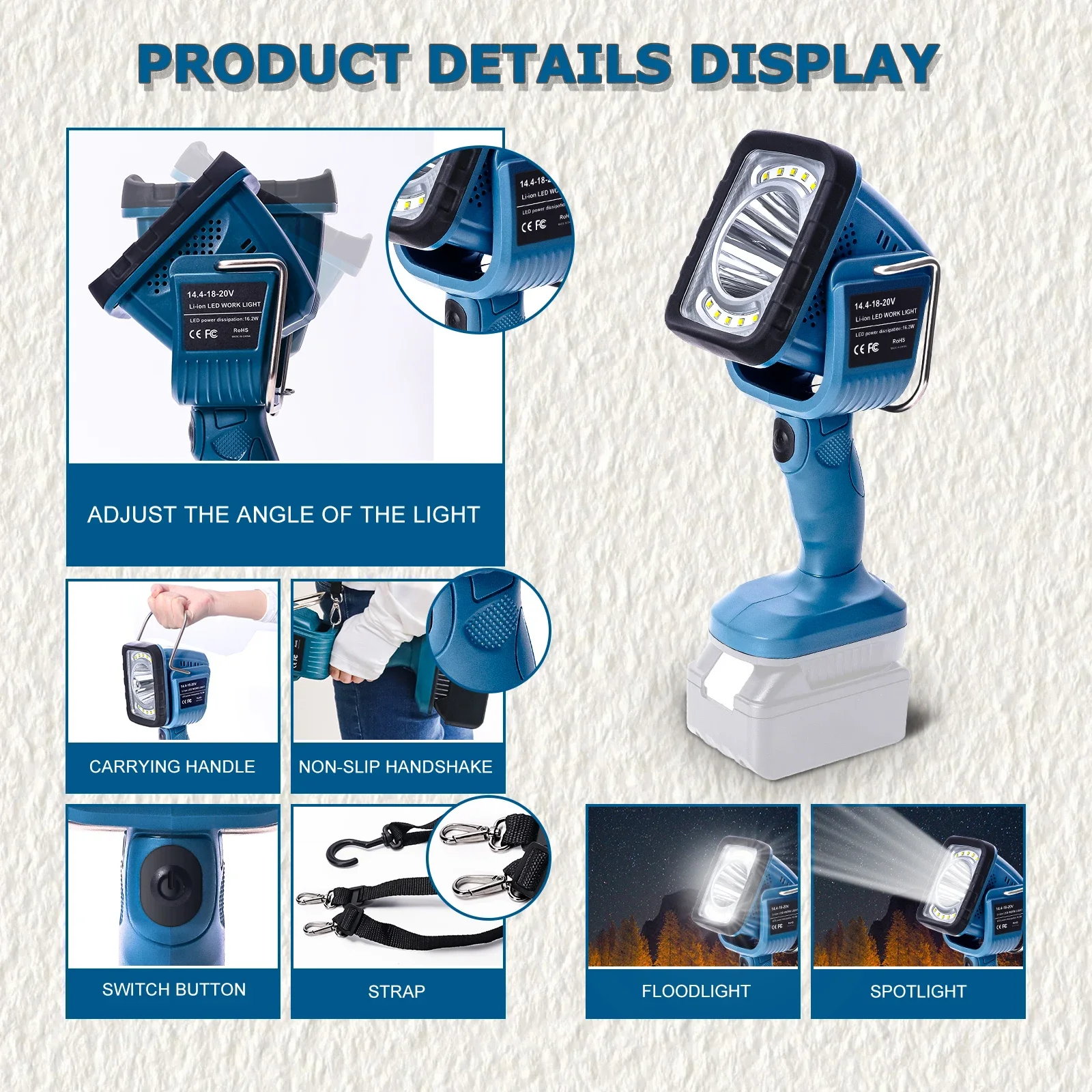 16.2W Portable Work Light for Makita 14.4V-18V Li-ion Battery Outdoor LED Light Dual Light Source Vertical Lamp Flashlight