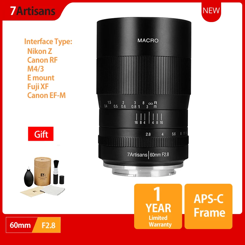 7artisans 60mm f2.8 1:1 magnification macro lens is suitable for the Canon EOSM EOSR E Fuji M43 nikon z Mount