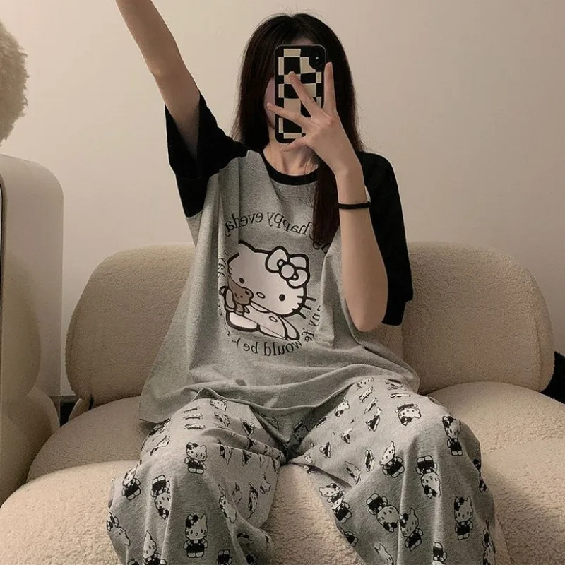 Sanrio Grey Hello Kitty Sleeper Pants for Summer Casual Wear Loose Spring and Autumn Long Home Pants