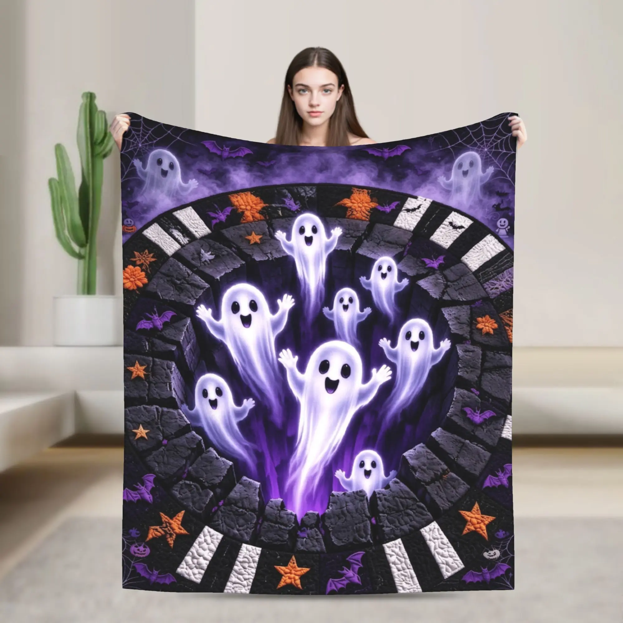 3D Illusion Halloween Wool Blanket Spooky Ghost Funny Throw Blankets for Bed Sofa Couch 150*125cm Plush Thin Quilt