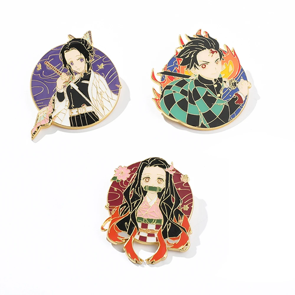 Classic Anime Demon Slayer Brooches Kochou Shinobu Kamado Nezuko Kamado Tanjirou Metal Enamel Lapel Pins Badges for Women Gifts