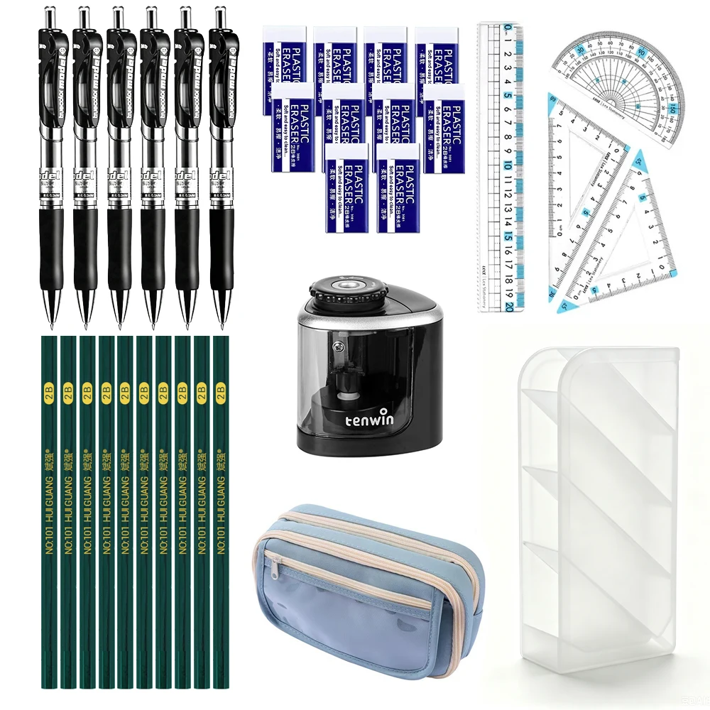 1-34 Pcs Stationery Set Pencil Case 0.5mm Black Gel Pens 2B HB Eraser Clean Sharpener for Teens School Gift for Students Kids