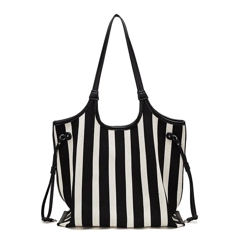 Women Striped Knitted Tote Bag Large Capacity Student Commuter Shoulder Bag Casual Fashion Handbag