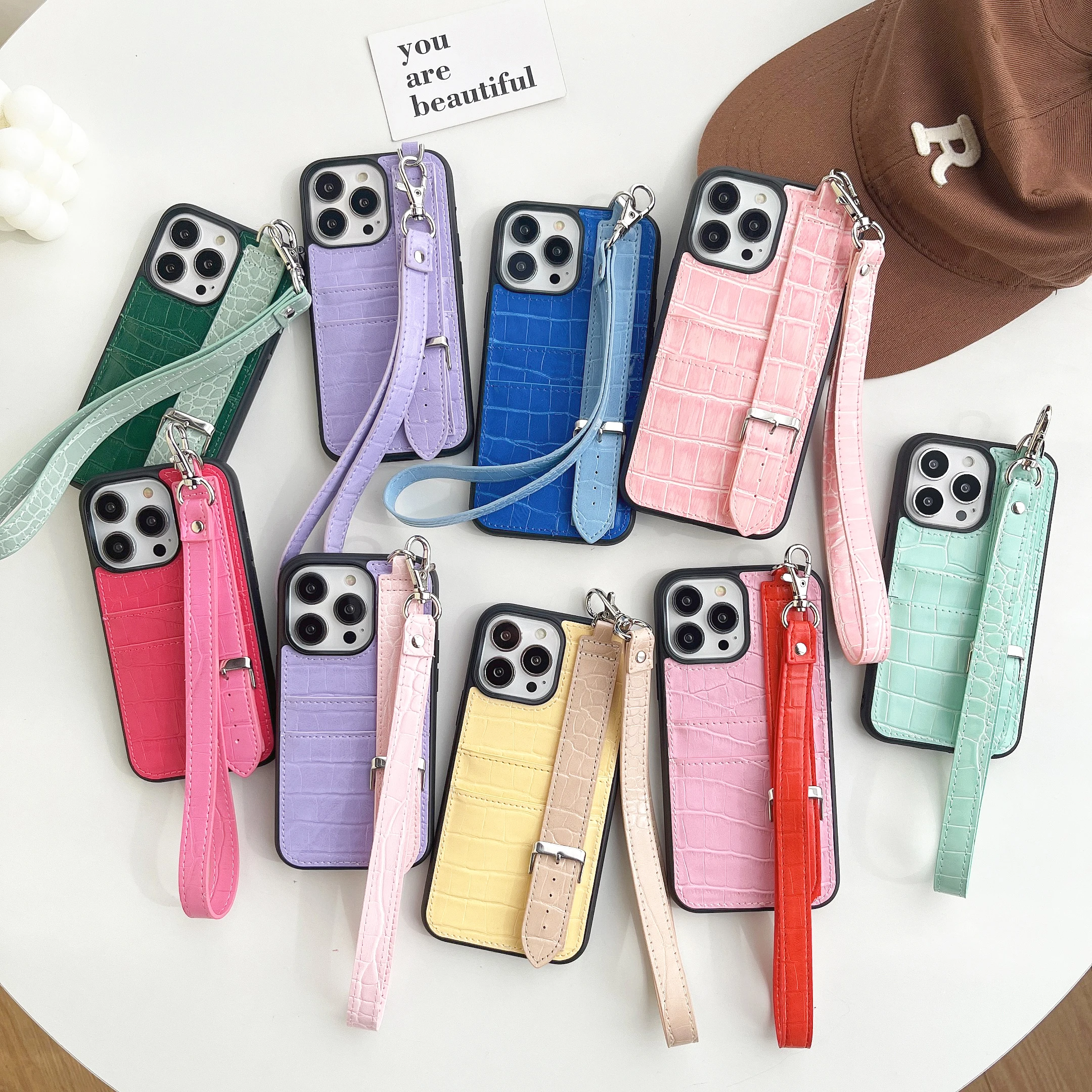 

Crocodile Leather Wrist Strap Style iPhone11 Phone Case, Multi functional Card Insertion Portable Suitable for iPhone 14 Pro Max