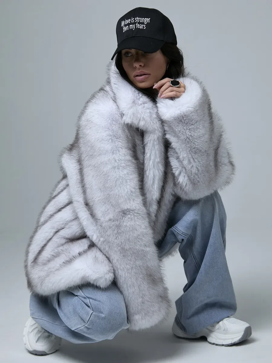 LIMO Women Mid‑Length Faux Fur Coat Wide Notch Lapel Open Front Oversized Loose Long Sleeve Plush Outerwear