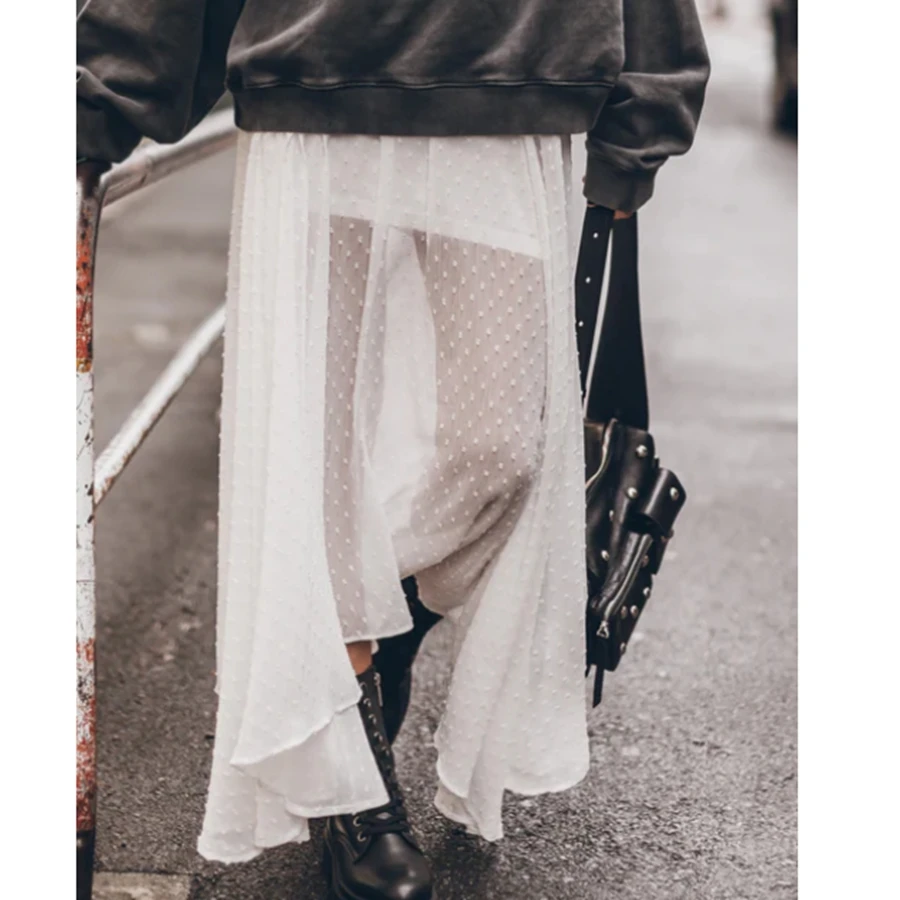 Mulheres pura saia preta bolinhas tornozelo comprimento longo sheer saia elegante design verão primavera usar saia de cintura alta