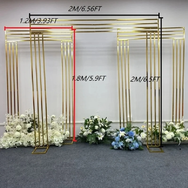 3-teiliges, glänzend vergoldetes 2,2 m langes quadratisches Hintergrundregal, geometrischer Blumenbogen für Hochzeiten, Türständer, künstliche Floristenbedarf. – Detail 29