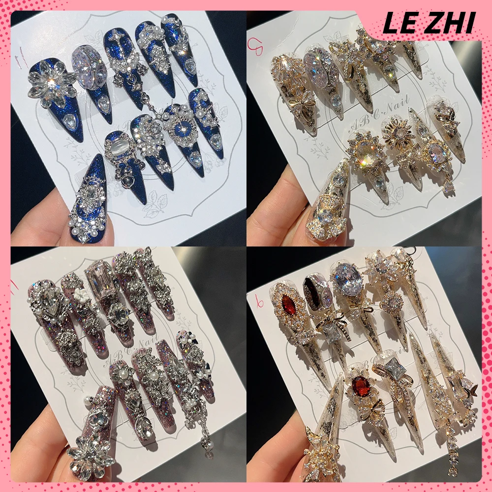 

10Pcs High Quality Luxury Court Handmade Full Cover Nails Glittering Diamond Chain Long Coffin Stiletto Wearable Fake Nail